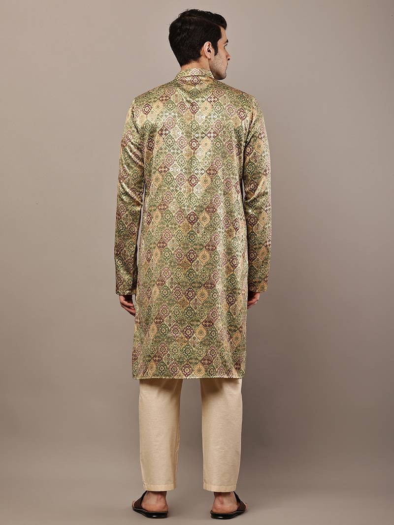 Men’s olive green printed kurta pyjama set