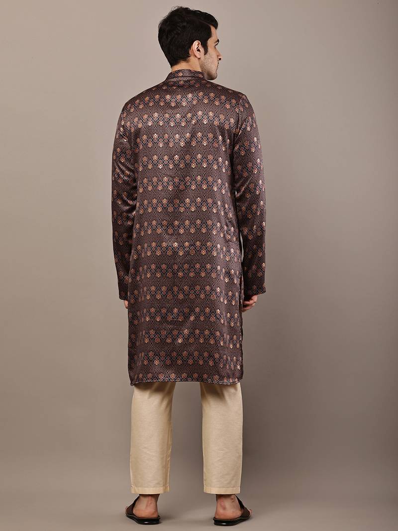 Men’s brown printed kurta pyjama set
