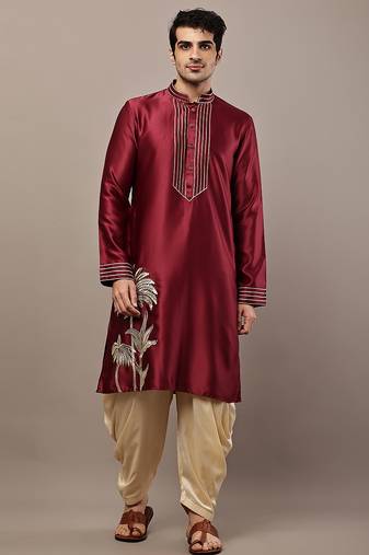 Men’s maroon embroidered kurta with contrast threadwork & decorative motif kurta pyjama set