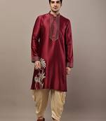 Men’s maroon embroidered kurta with contrast threadwork & decorative motif kurta pyjama set