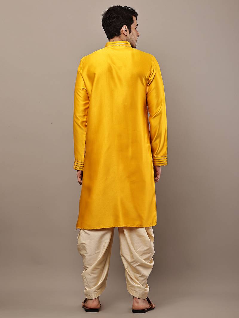 Men’s yellow embroidered kurta with contrast threadwork & decorative motif kurta pyjama set