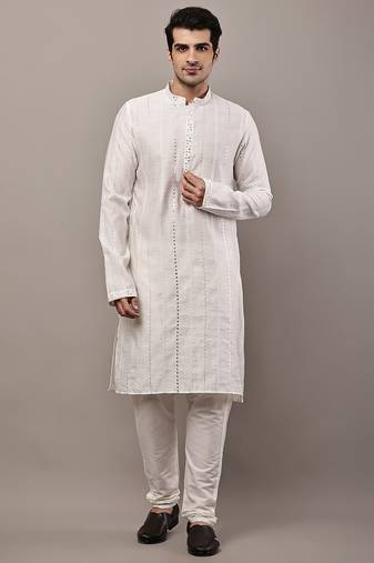 Men’s white textured embroidered kurta pyjama set