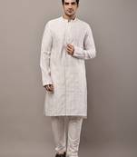 Men’s white textured embroidered kurta pyjama set
