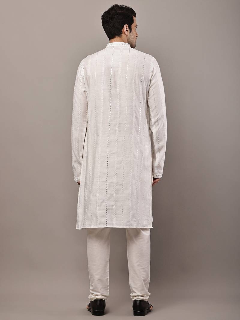 Men’s white textured embroidered kurta pyjama set