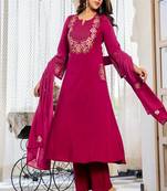 Floral embroidered pure cotton round neck kurta trouser & dupatta set