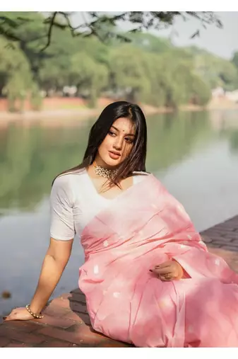 Baby pink linen slub jaquard designer saree with blouse