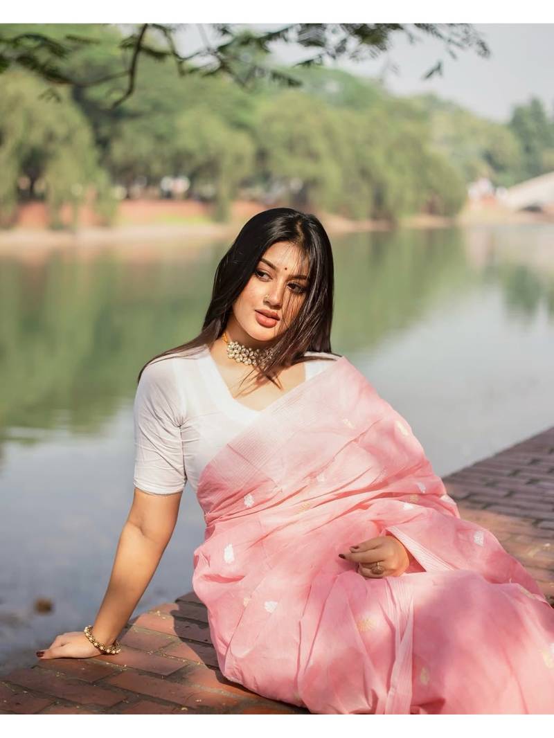 Baby pink soft linen slub jacuard work designer saree with blouse