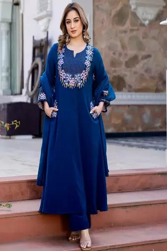 Floral embroidered pure cotton round neck kurta trouser & dupatta set