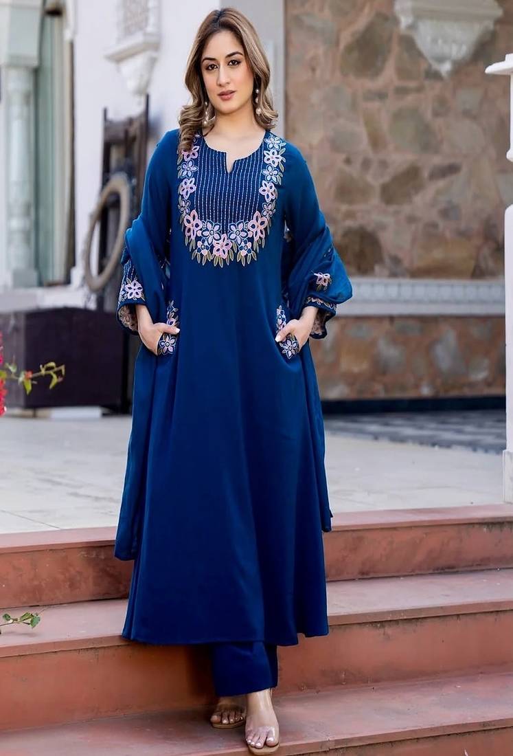 Floral embroidered pure cotton round neck kurta trouser & dupatta set