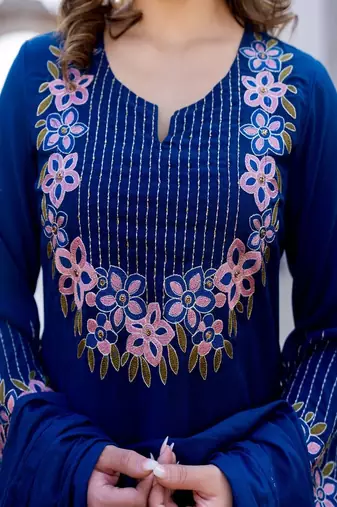 blue hand embroidered cotton kurta set