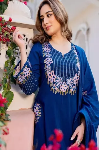 blue hand embroidered cotton kurta set