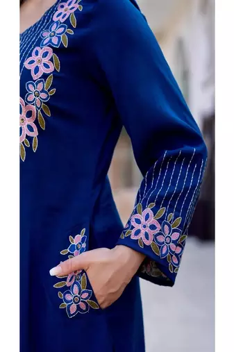 blue hand embroidered cotton kurta set