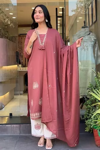 Floral embroidered pure cotton round neck kurta trouser & dupatta set