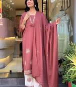 Floral embroidered pure cotton round neck kurta trouser & dupatta set