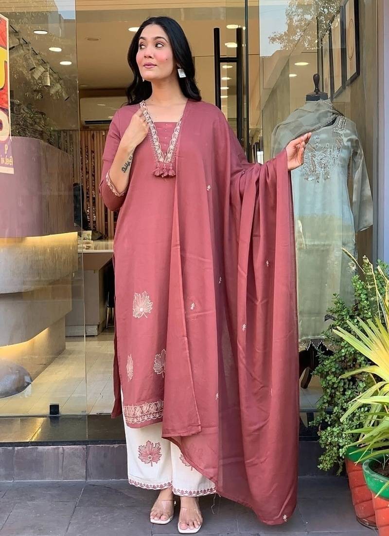 Floral embroidered pure cotton round neck kurta trouser & dupatta set