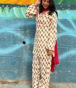 Floral printed pure cotton round neck kurta trouser & dupatta set