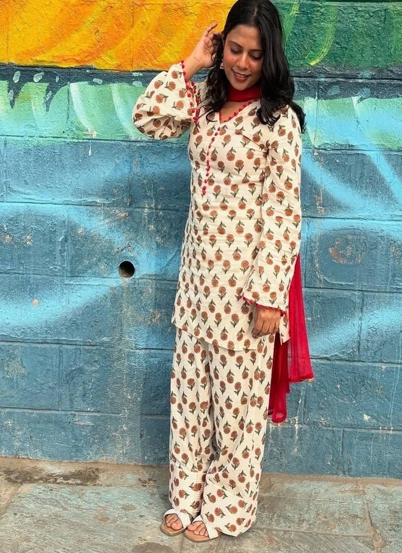 Floral printed pure cotton round neck kurta trouser & dupatta set