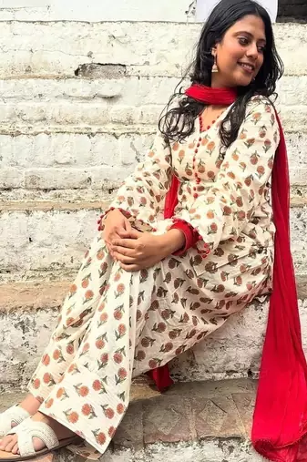 off white floral print cotton kurta set