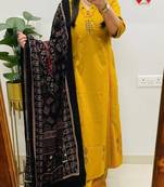 Floral embroidered pure cotton v neck kurta trouser & dupatta set