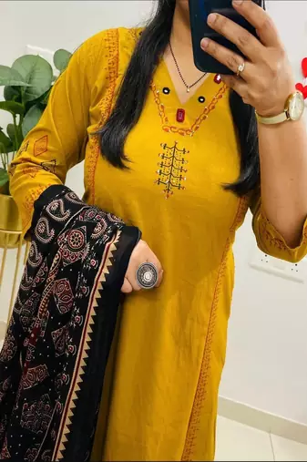 dark yellow floral embroidered cotton v neck kurta set