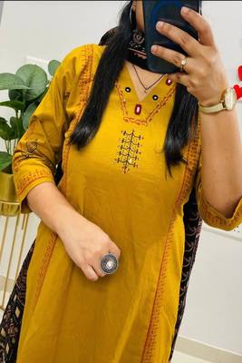 dark yellow floral embroidered cotton v neck kurta set 3