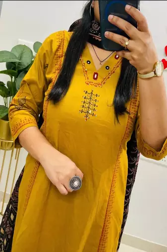 dark yellow floral embroidered cotton v neck kurta set