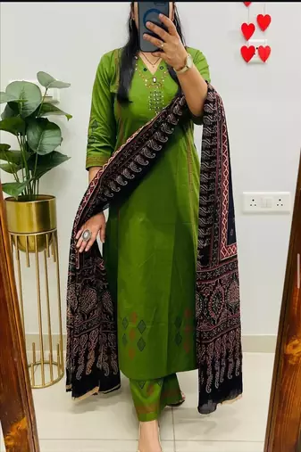 Floral embroidered pure cotton v neck kurta trouser & dupatta set