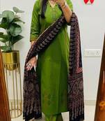 Floral embroidered pure cotton v neck kurta trouser & dupatta set