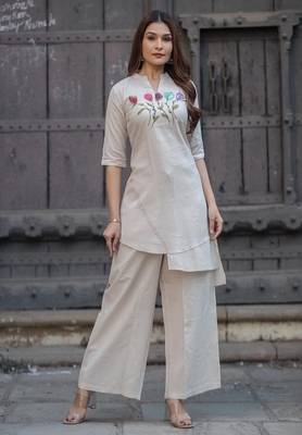 off white hand embroidered cotton kurta pant set 1