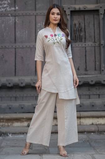 Floral embroidered pure cotton round neck kurta & trouser set