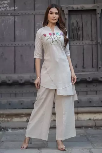 Floral embroidered pure cotton round neck kurta & trouser set