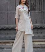 Floral embroidered  cotton round neck kurta & trouser set