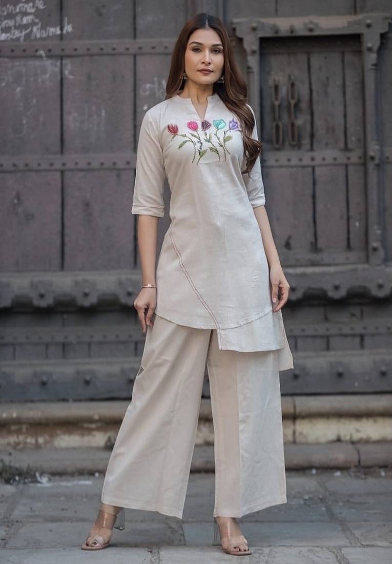 Floral embroidered pure cotton round neck kurta & trouser set