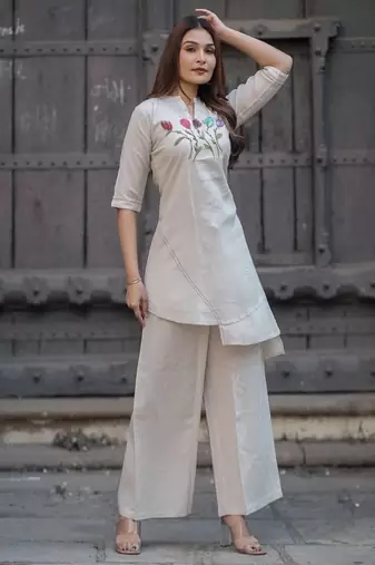 off white hand embroidered cotton kurta pant set
