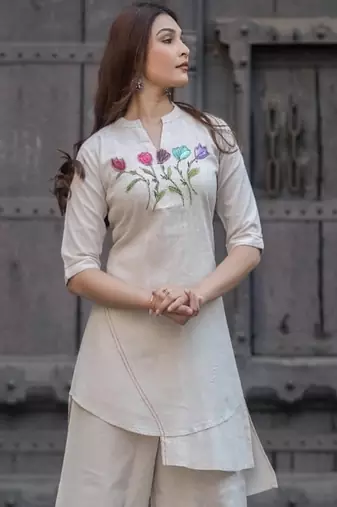 off white hand embroidered cotton kurta pant set
