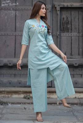 sea green floral embroidered cotton kurta pant set 1
