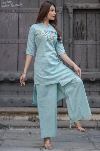 Floral embroidered pure cotton round neck kurta & trouser set