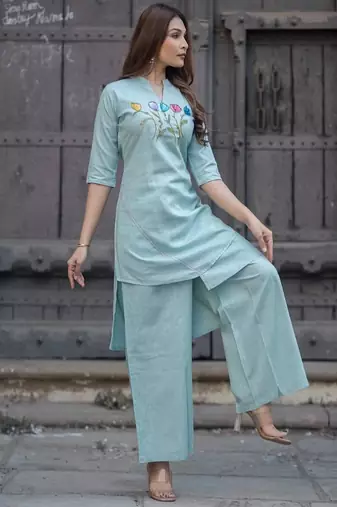 Floral embroidered pure cotton round neck kurta & trouser set