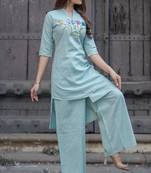 Floral embroidered pure cotton round neck kurta & trouser set