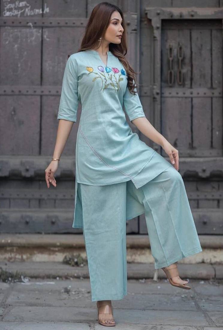 Floral embroidered pure cotton round neck kurta & trouser set