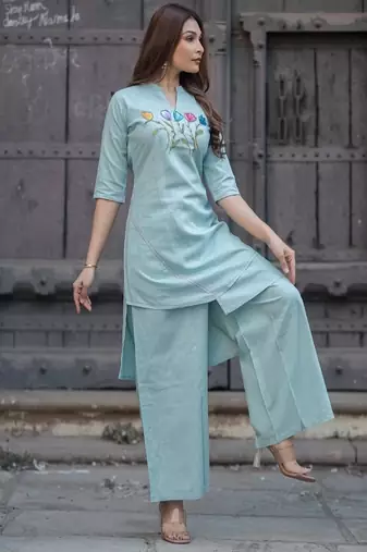 sea green floral embroidered cotton kurta pant set