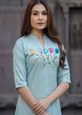 sea green floral embroidered cotton kurta pant set 3