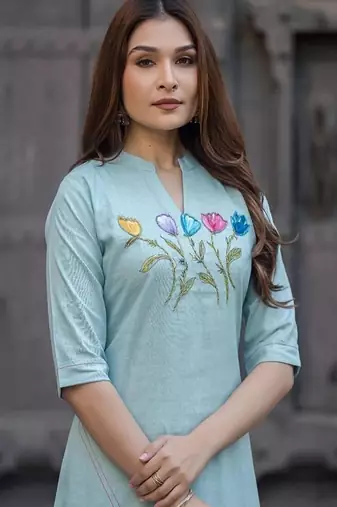 sea green floral embroidered cotton kurta pant set