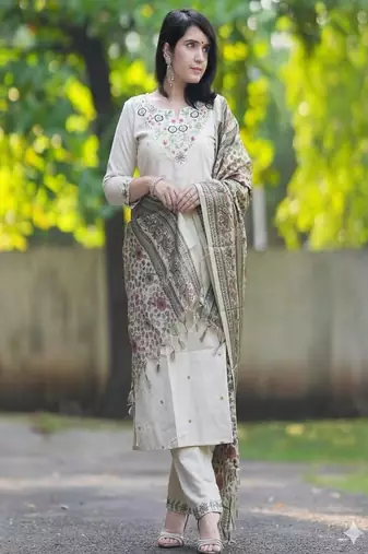 Floral embroidered pure cotton round neck kurta trouser & dupatta set