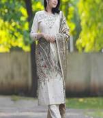 Floral embroidered pure cotton round neck kurta trouser & dupatta set