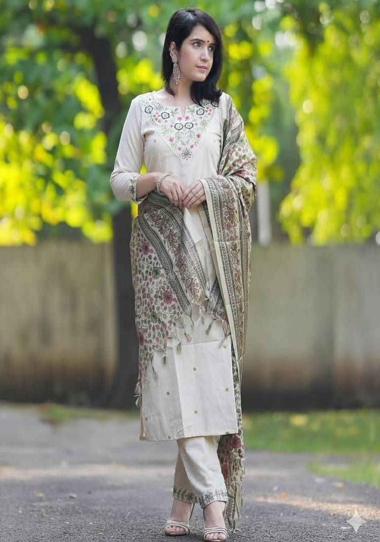Floral embroidered pure cotton round neck kurta trouser & dupatta set