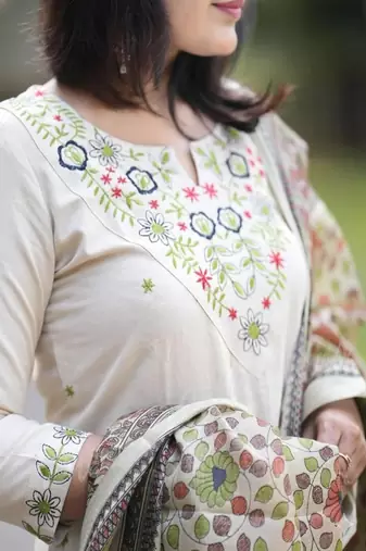 off white floral embroidered cotton kurta pant set