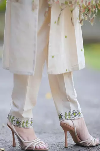 off white floral embroidered cotton kurta pant set