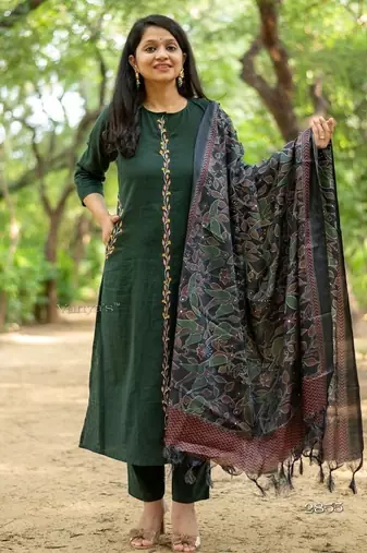 Floral printed pure cotton round neck kurta trouser & dupatta set