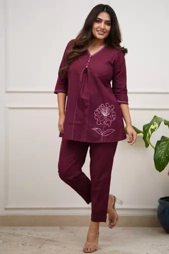 maroon floral print cotton v neck co ord set
